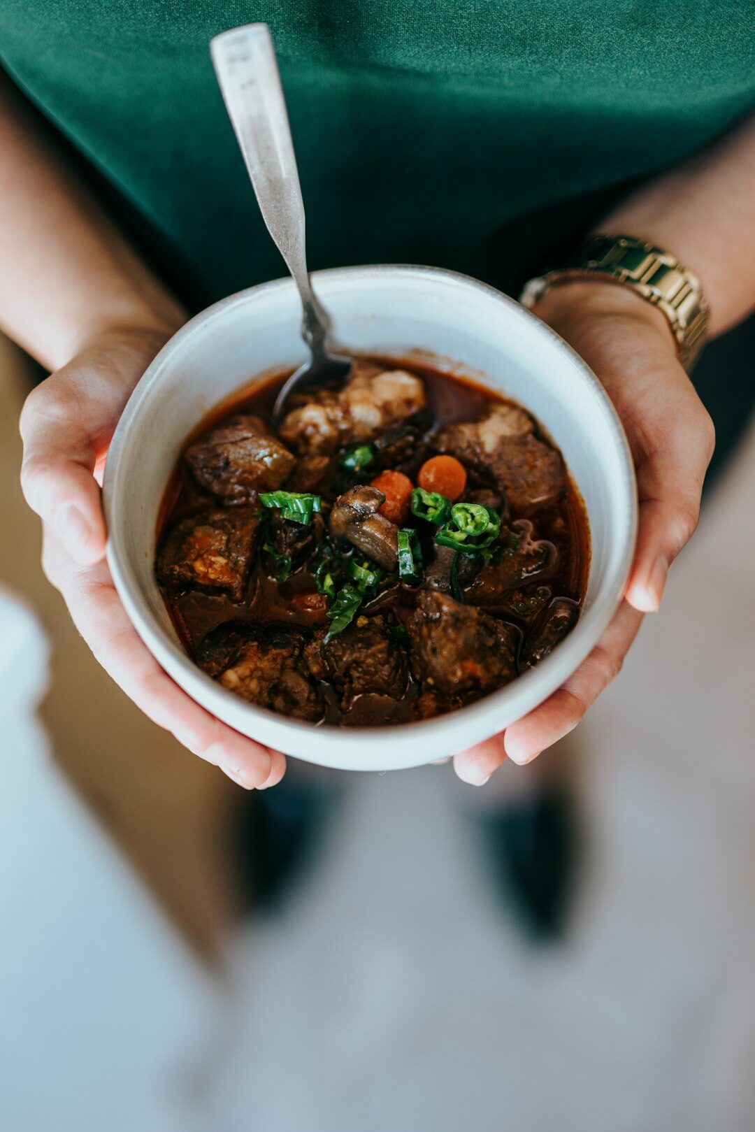 Bowl of Czech beef goulash with bread dumpling